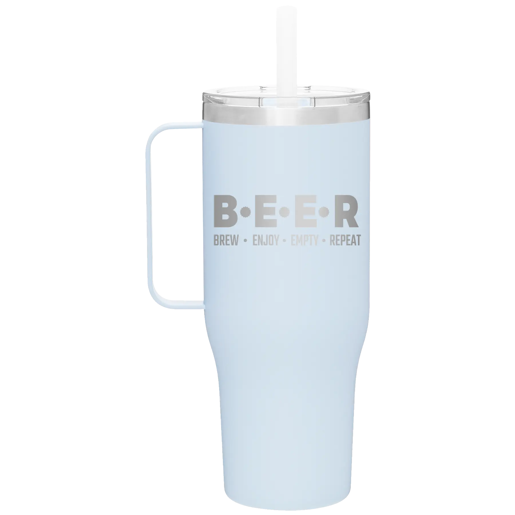 Laser etched landfall 40 oz vacuum insulated tumbler mug with 'Brew Enjoy Empty Repeat' design