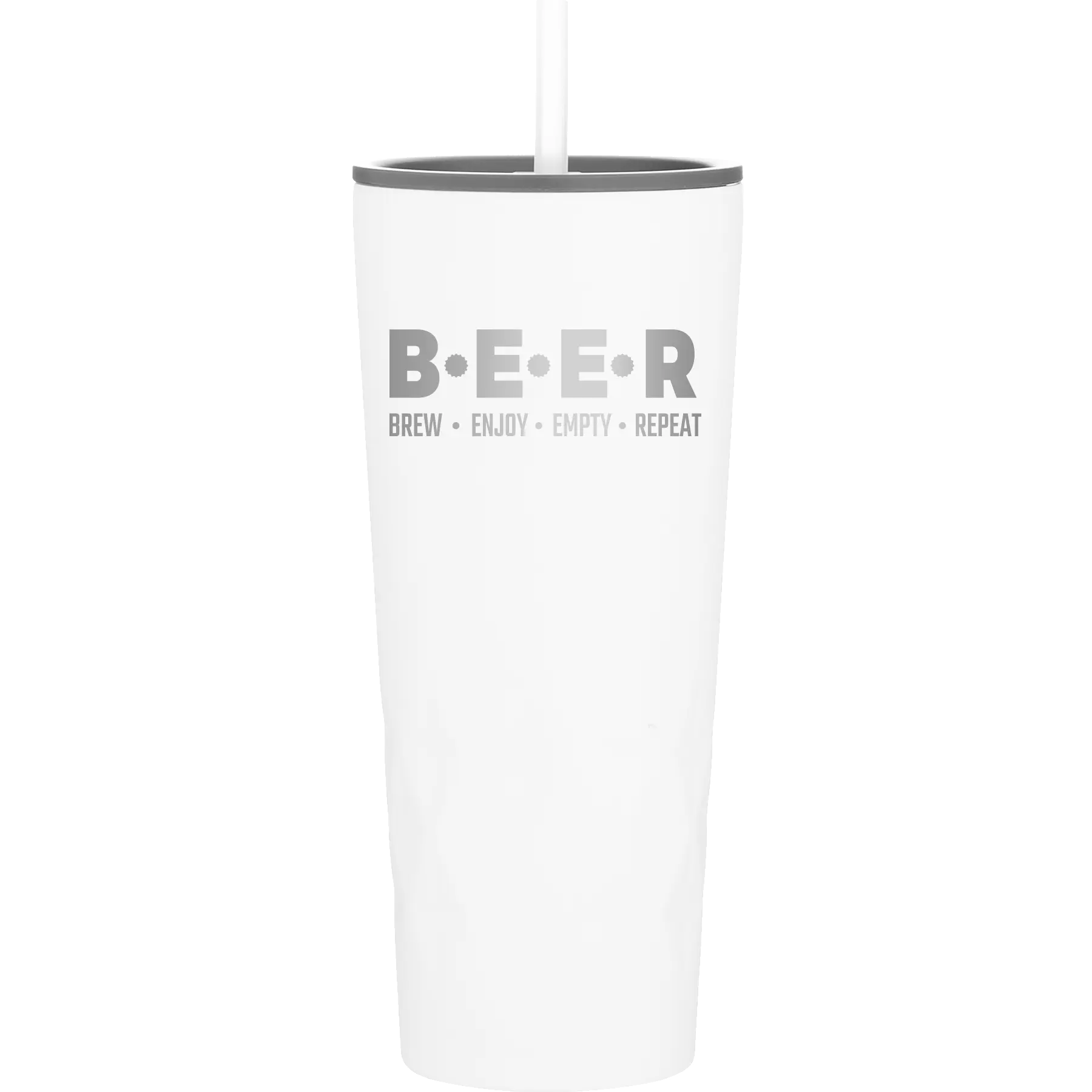 Laser etched white 20 oz vacuum insulated tumbler with 'Brew Enjoy Empty Repeat' design