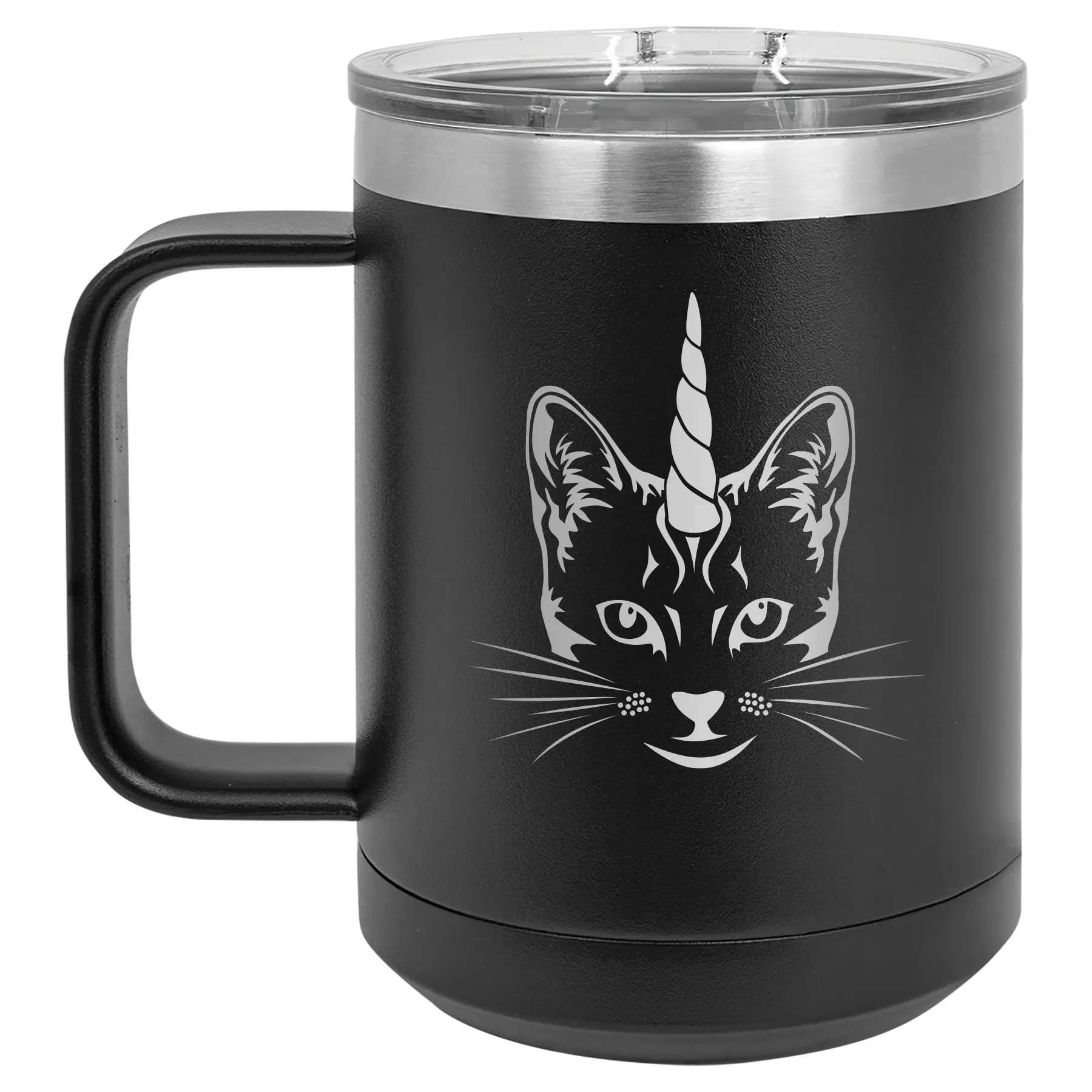Laser etched black 15 oz vacuum insulated coffee mug with 'Caticorn' design