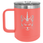 Laser etched coral 15 oz vacuum insulated coffee mug with 'Caticorn' design