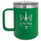 Laser etched green 15 oz vacuum insulated coffee mug with 'Caticorn' design