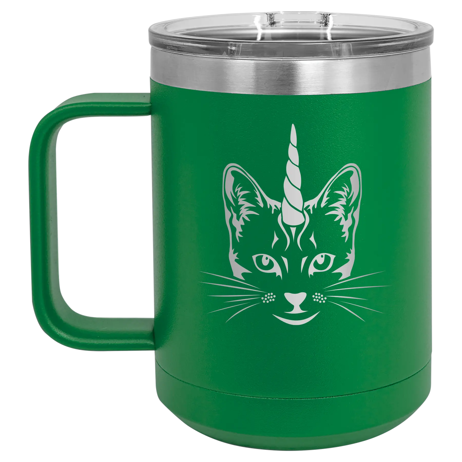 Laser etched green 15 oz vacuum insulated coffee mug with 'Caticorn' design