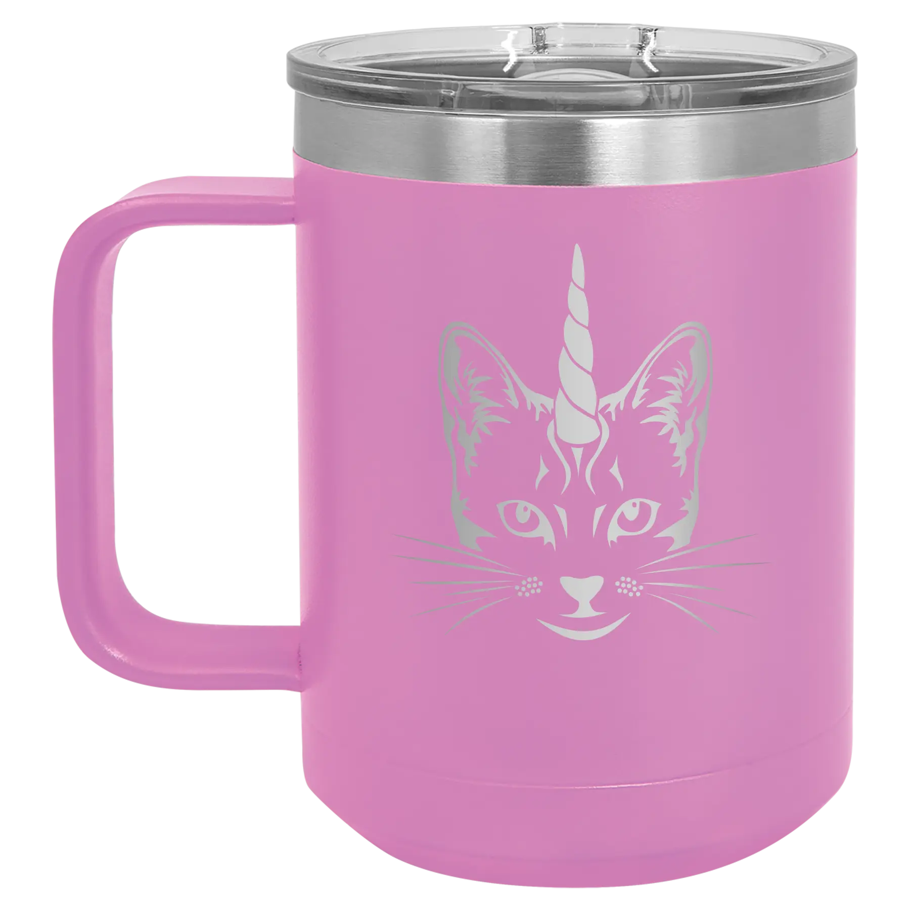 Laser etched light purple 15 oz vacuum insulated coffee mug with 'Caticorn' design