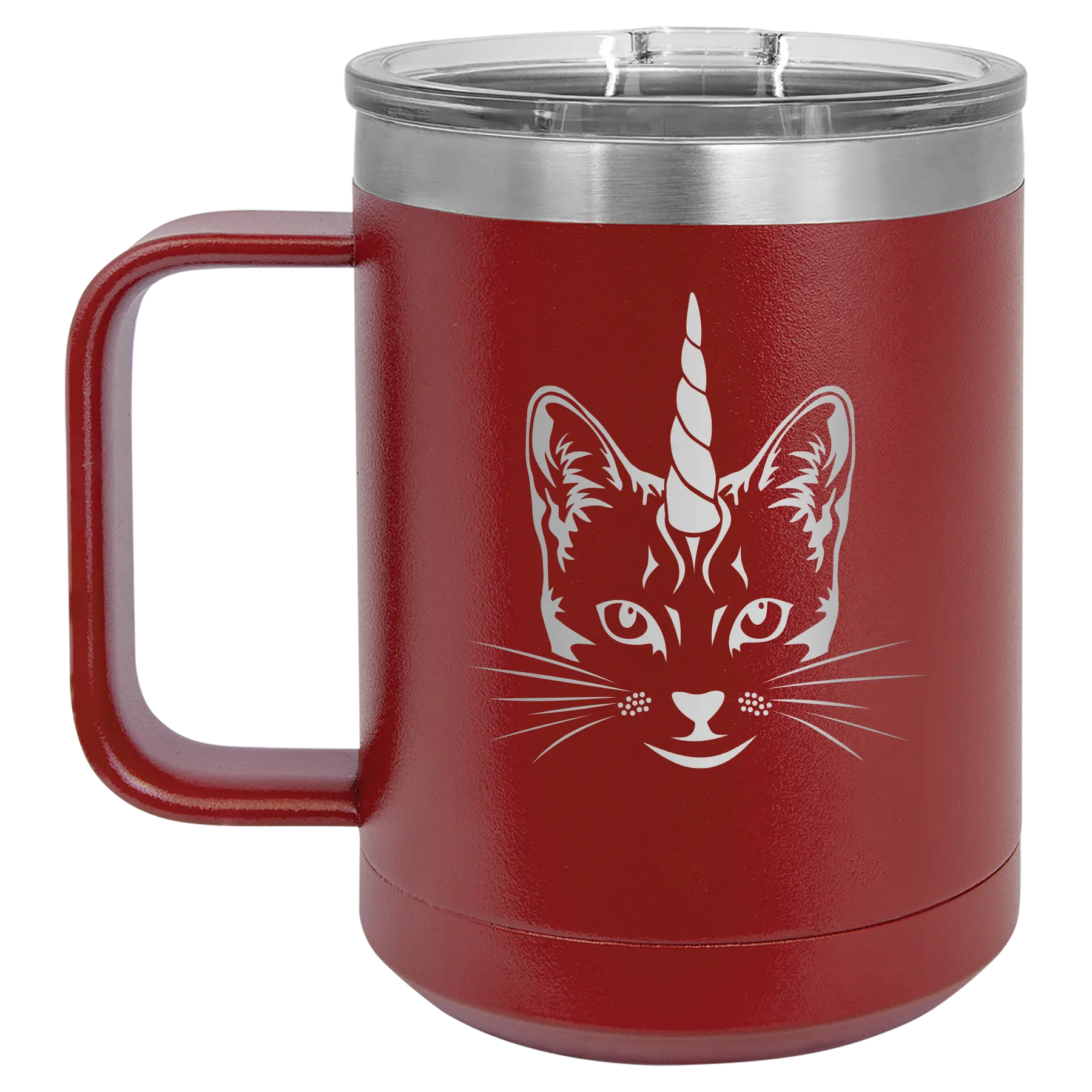 Laser etched maroon 15 oz vacuum insulated coffee mug with 'Caticorn' design