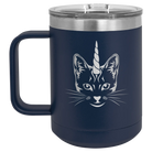 Laser etched navy 15 oz vacuum insulated coffee mug with 'Caticorn' design