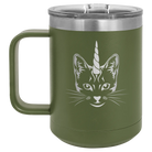 Laser etched olive green 15 oz vacuum insulated coffee mug with 'Caticorn' design