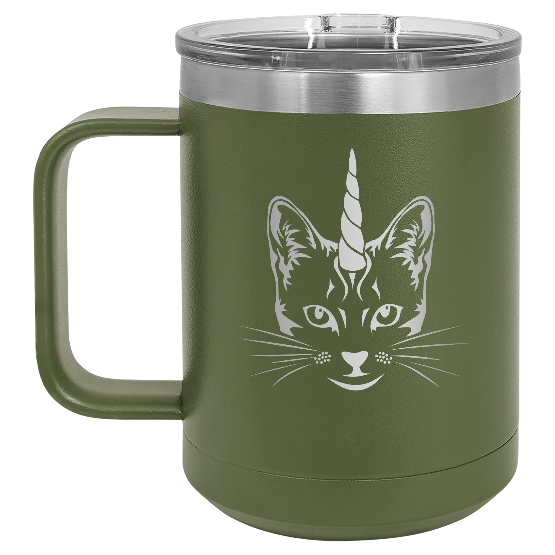 Laser etched olive green 15 oz vacuum insulated coffee mug with 'Caticorn' design