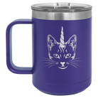 Laser etched purple 15 oz vacuum insulated coffee mug with 'Caticorn' design
