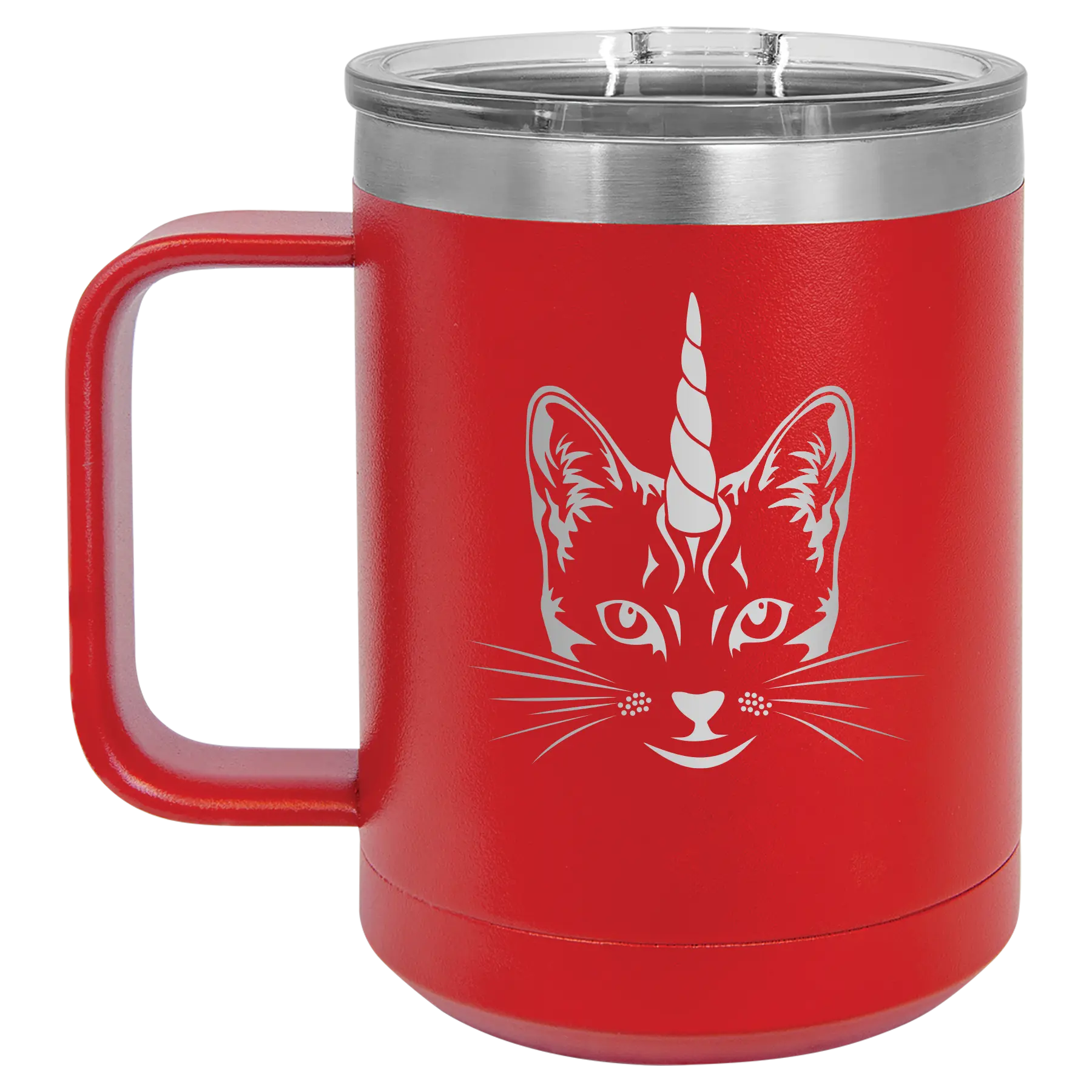 Laser etched red 15 oz vacuum insulated coffee mug with 'Caticorn' design