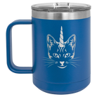 Laser etched royal blue 15 oz vacuum insulated coffee mug with 'Caticorn' design