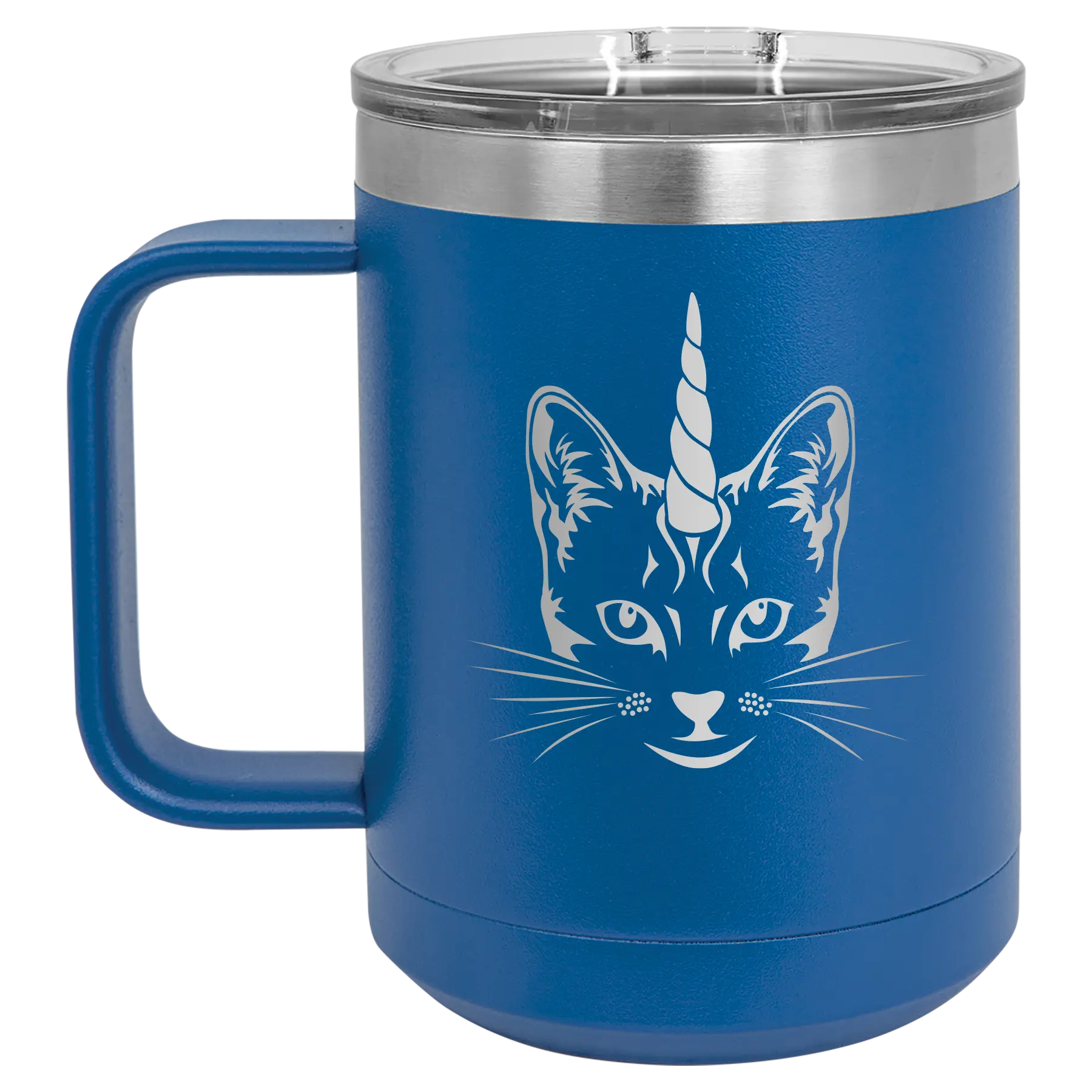 Laser etched royal blue 15 oz vacuum insulated coffee mug with 'Caticorn' design