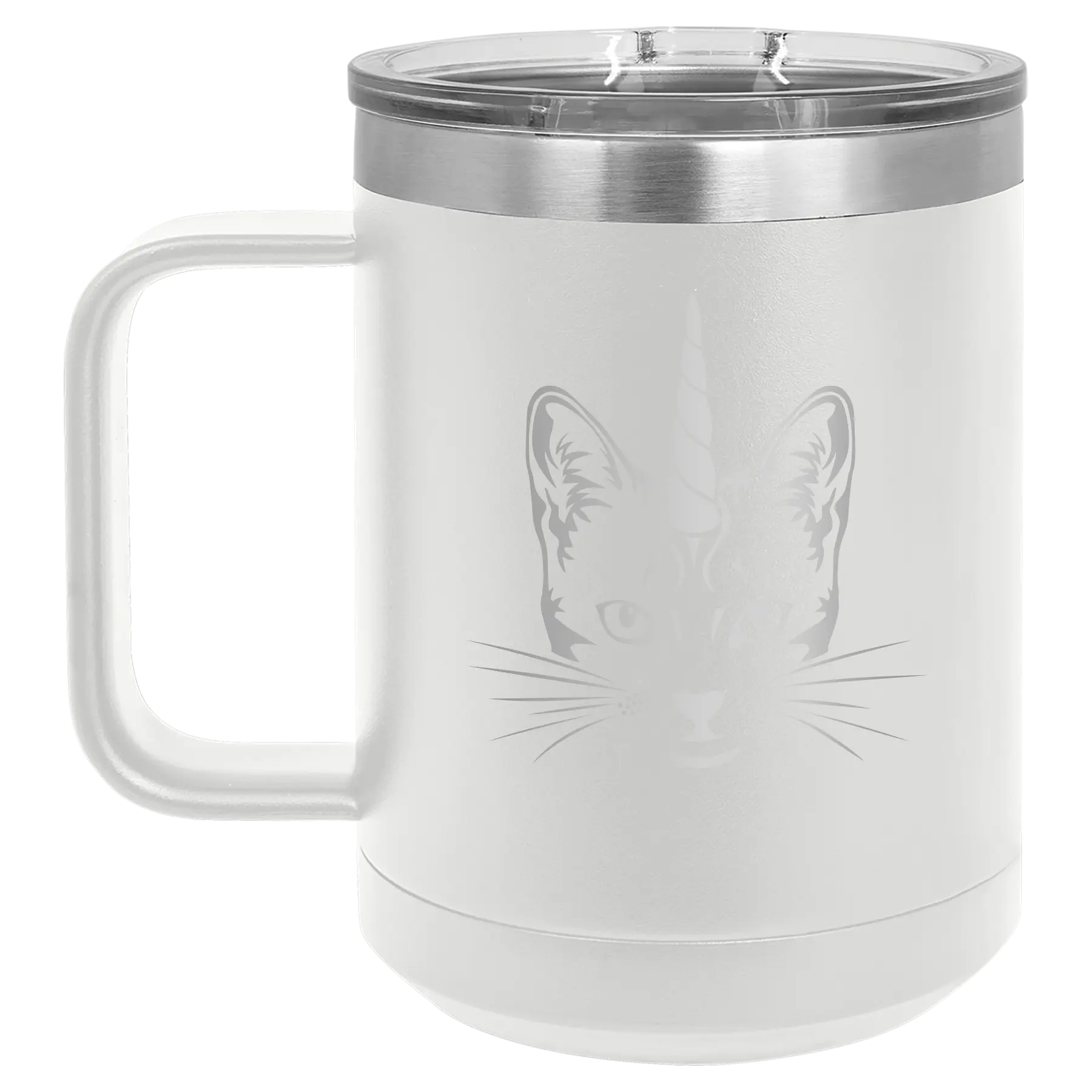 Laser etched white 15 oz vacuum insulated coffee mug with 'Caticorn' design