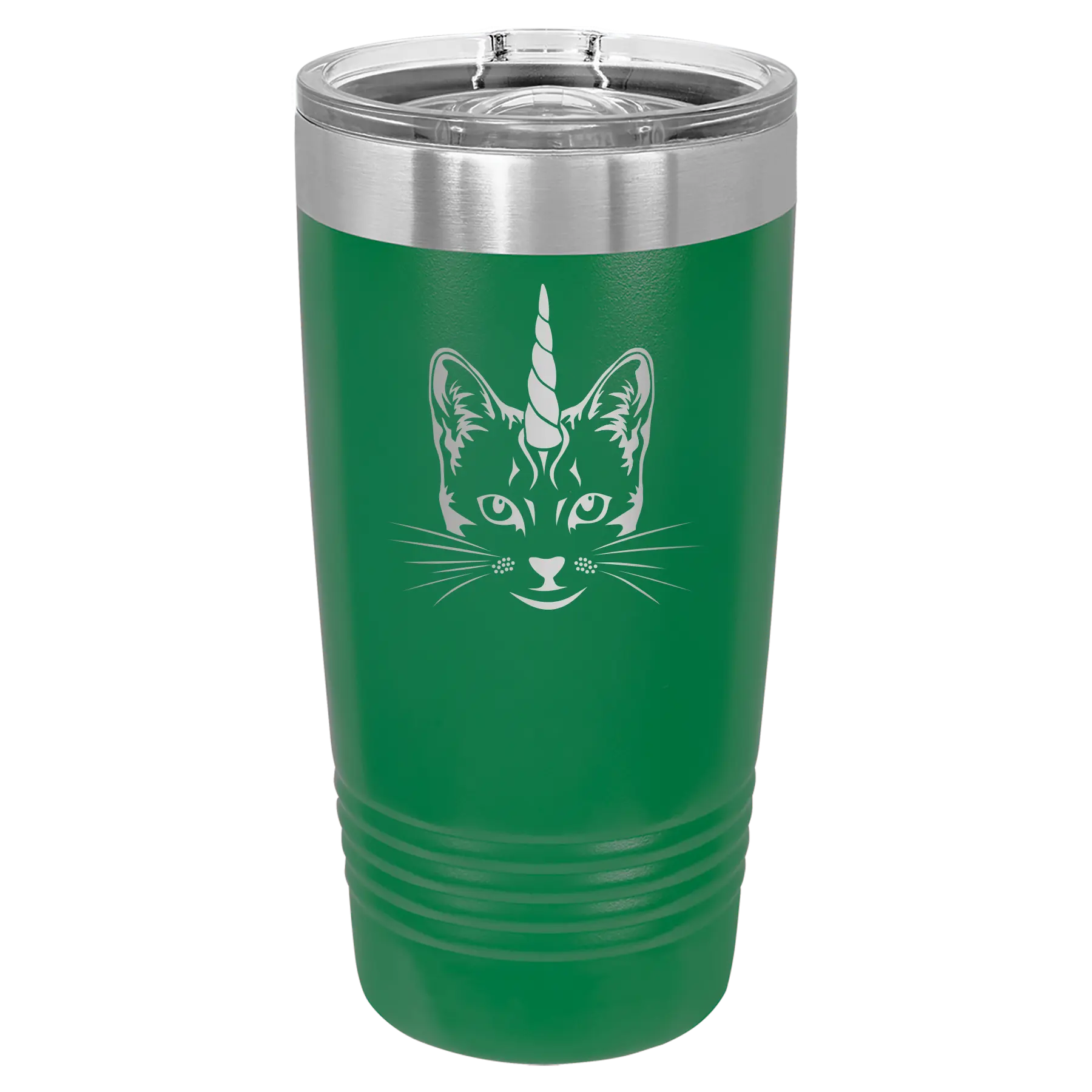 Laser etched green 20 oz vacuum insulated tumbler with 'Caticorn' design