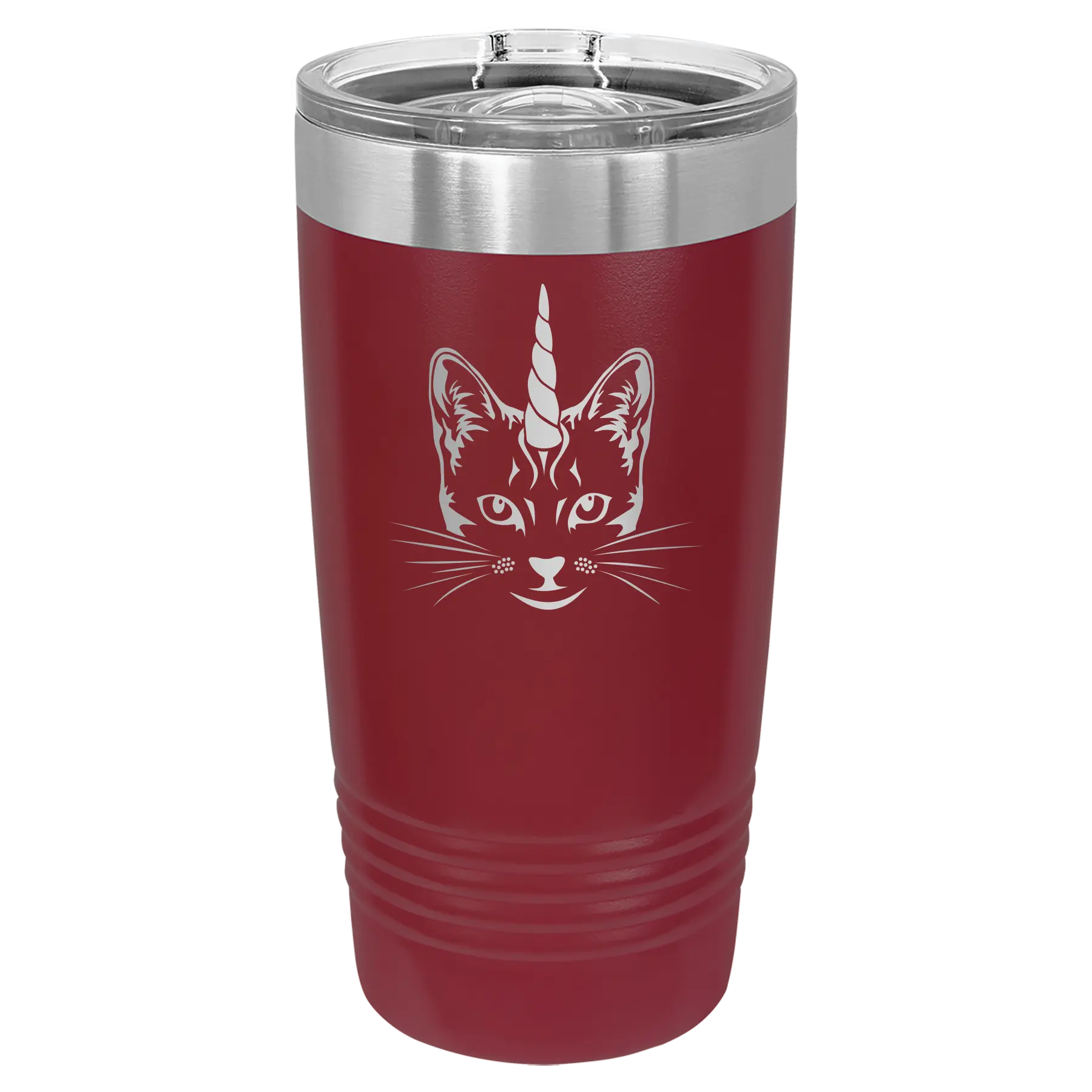 Laser etched maroon 20 oz vacuum insulated tumbler with 'Caticorn' design