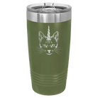 Laser etched olive green 20 oz vacuum insulated tumbler with 'Caticorn' design