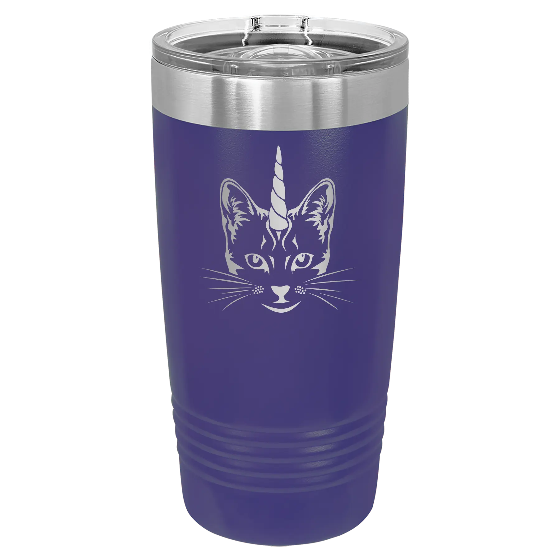 Laser etched purple 20 oz vacuum insulated tumbler with 'Caticorn' design