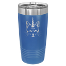 Laser etched royal blue 20 oz vacuum insulated tumbler with 'Caticorn' design