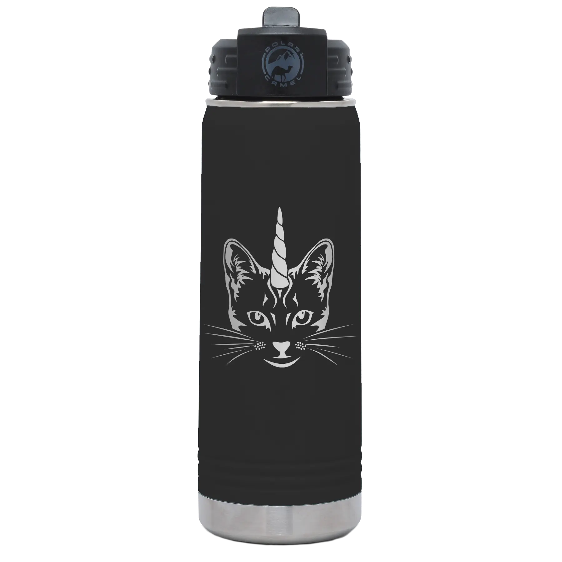 Laser etched black 20 oz vacuum insulated water bottle with 'Caticorn' design