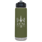 Laser etched olive green 20 oz vacuum insulated water bottle with 'Caticorn' design