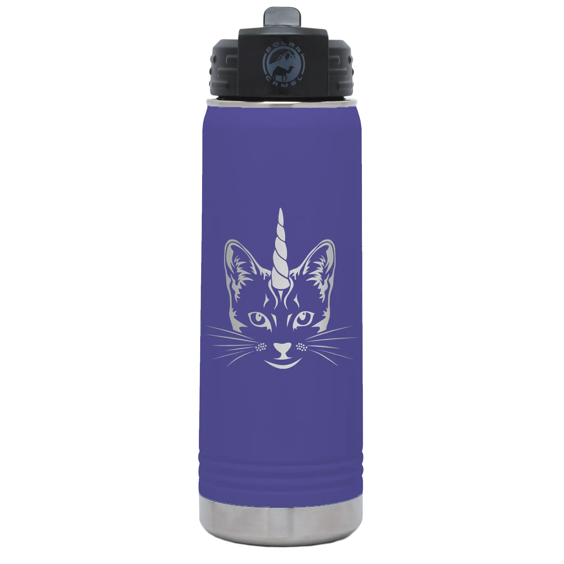 Laser etched purple 20 oz vacuum insulated water bottle with 'Caticorn' design