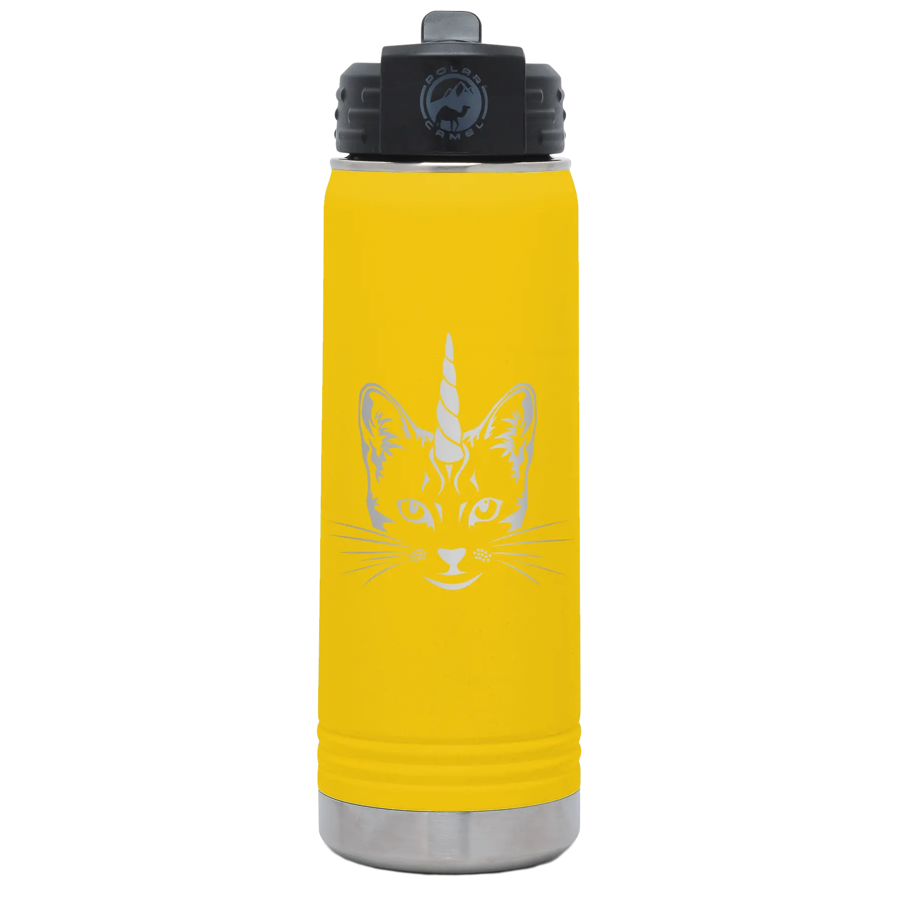 Laser etched yellow 20 oz vacuum insulated water bottle with 'Caticorn' design