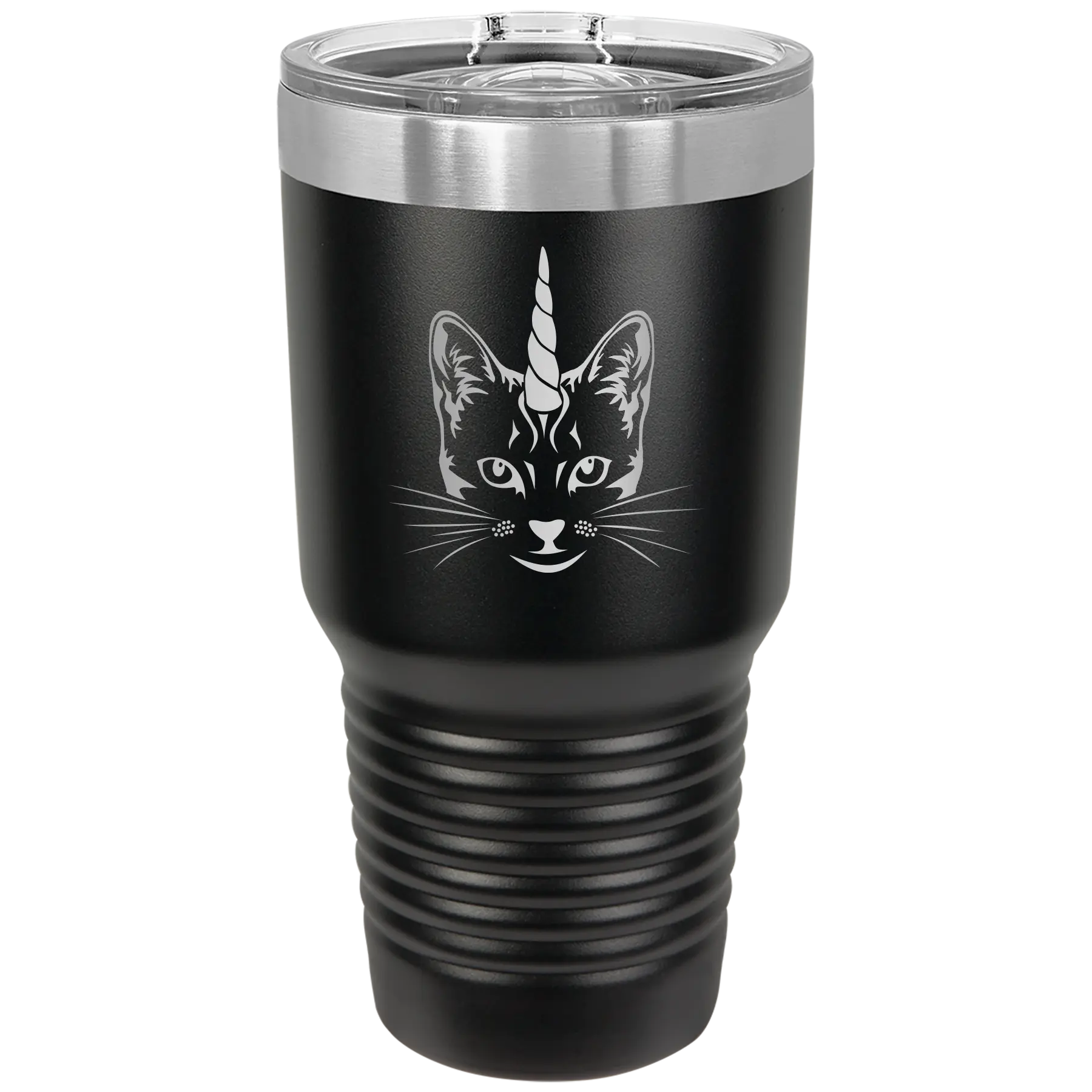 Laser etched black 30 oz vacuum insulated tumbler with 'Caticorn' design