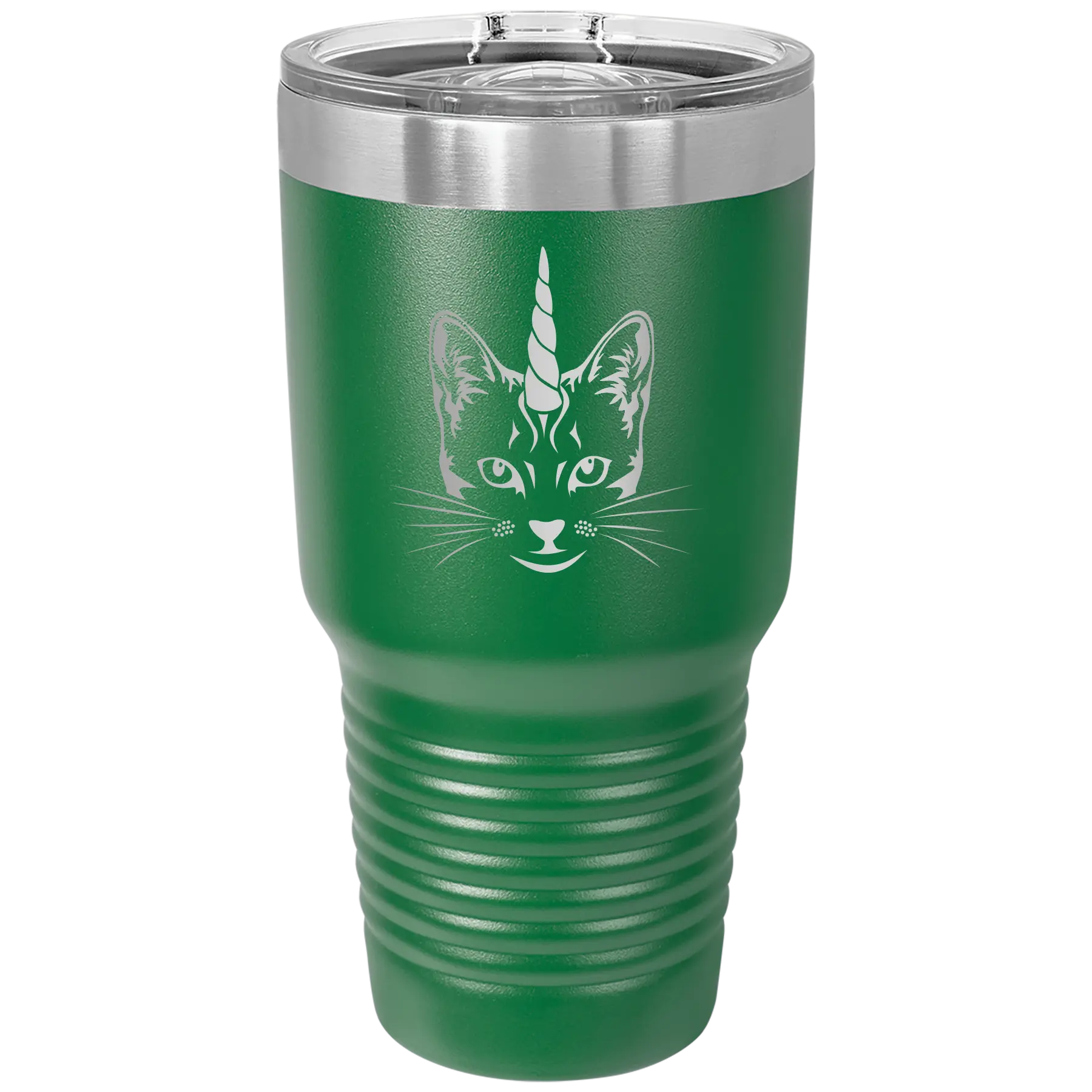 Laser etched green 30 oz vacuum insulated tumbler with 'Caticorn' design