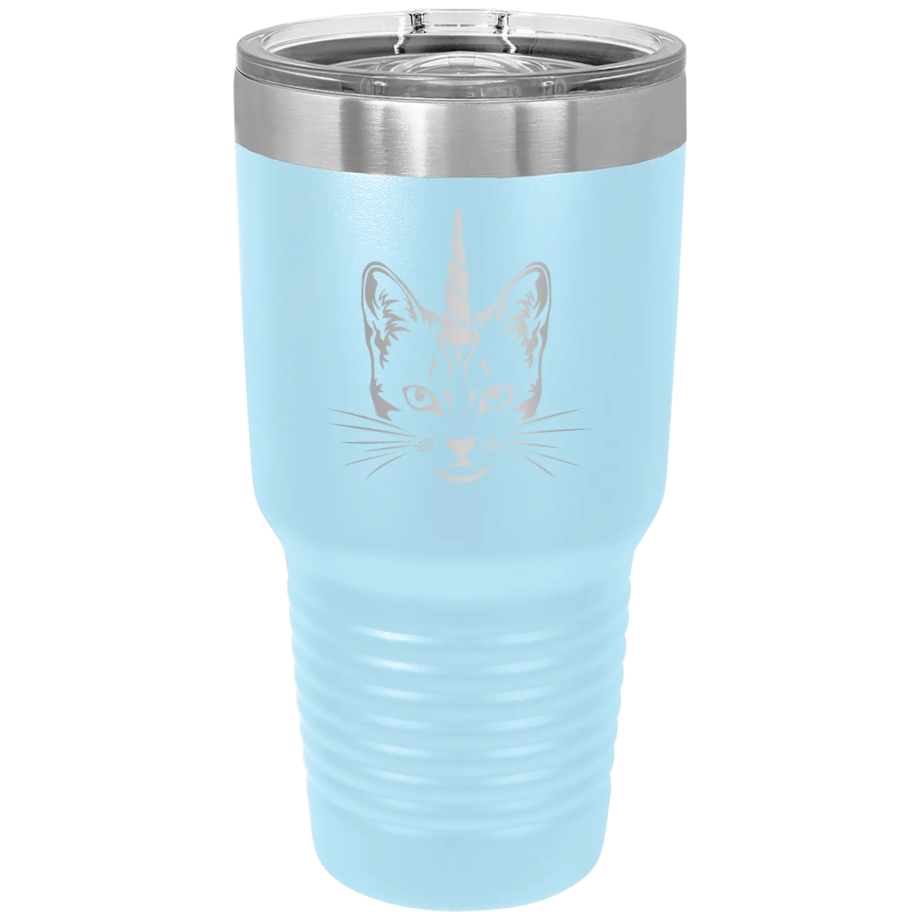 Laser etched light blue 30 oz vacuum insulated tumbler with 'Caticorn' design