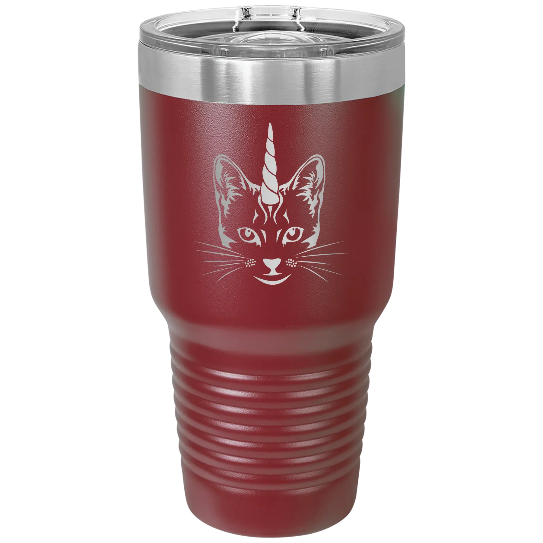 Laser etched maroon 30 oz vacuum insulated tumbler with 'Caticorn' design