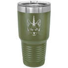 Laser etched olive green 30 oz vacuum insulated tumbler with 'Caticorn' design
