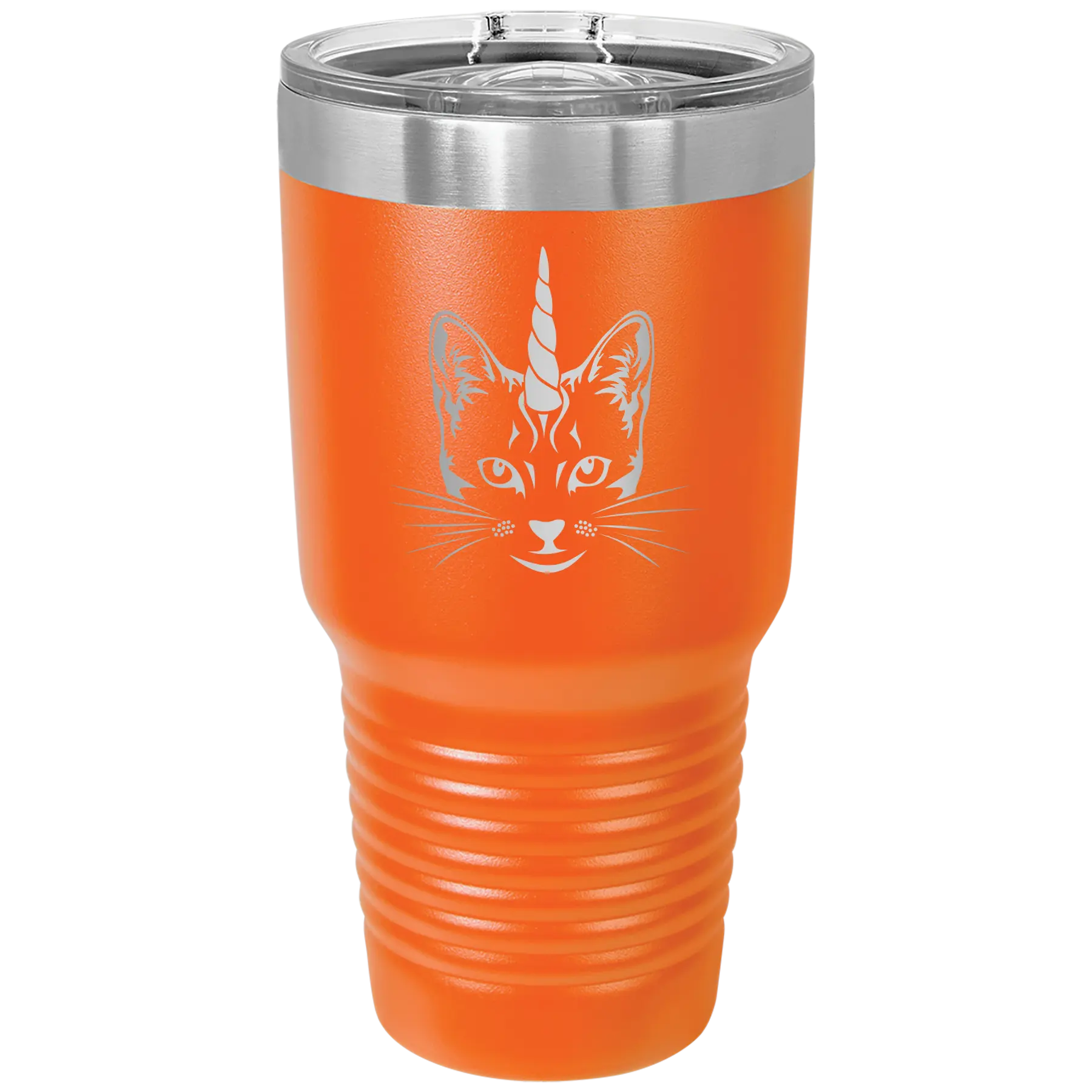 Laser etched orange 30 oz vacuum insulated tumbler with 'Caticorn' design