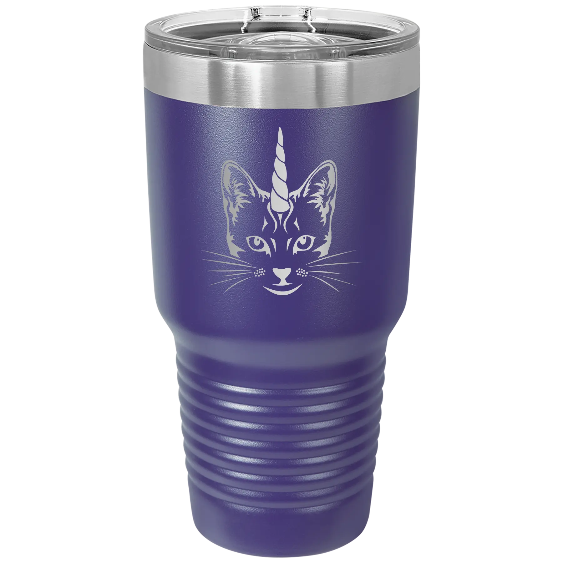 Laser etched purple 30 oz vacuum insulated tumbler with 'Caticorn' design