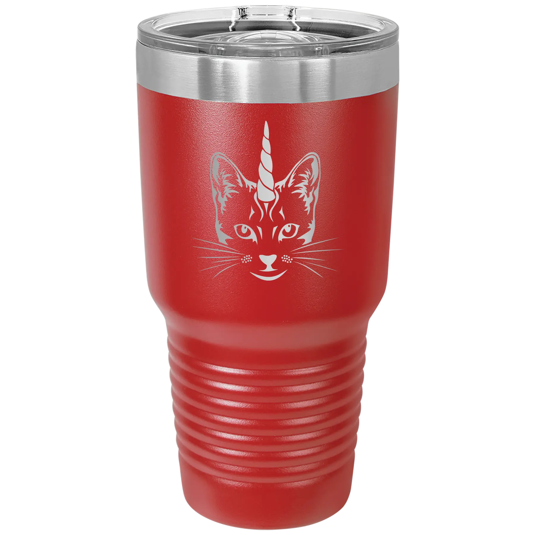 Laser etched red 30 oz vacuum insulated tumbler with 'Caticorn' design