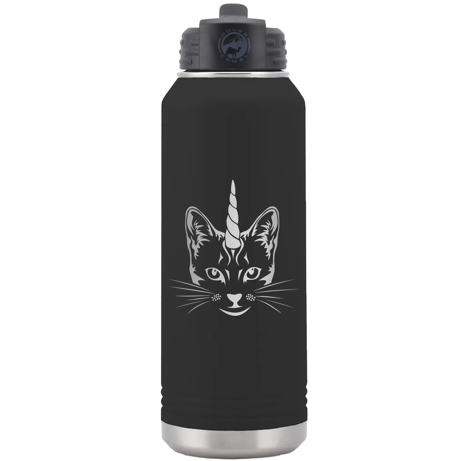 Laser etched black 32 oz vacuum insulated water bottle with 'Caticorn' design