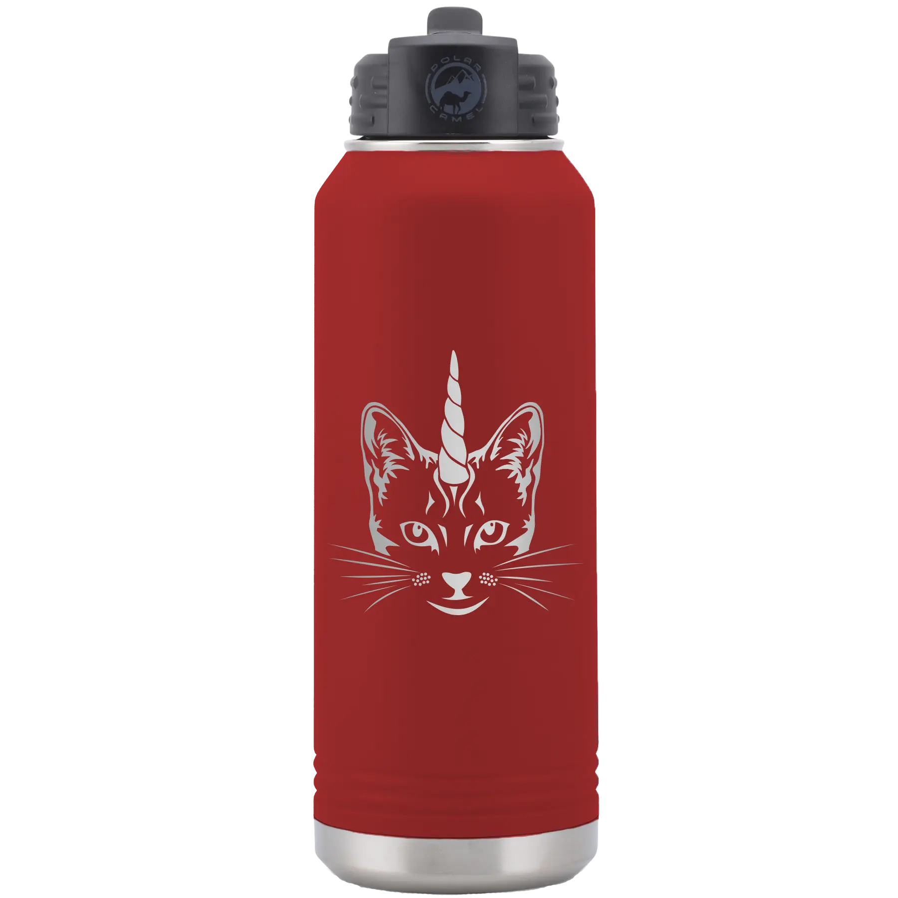 Laser etched maroon 32 oz vacuum insulated water bottle with 'Caticorn' design