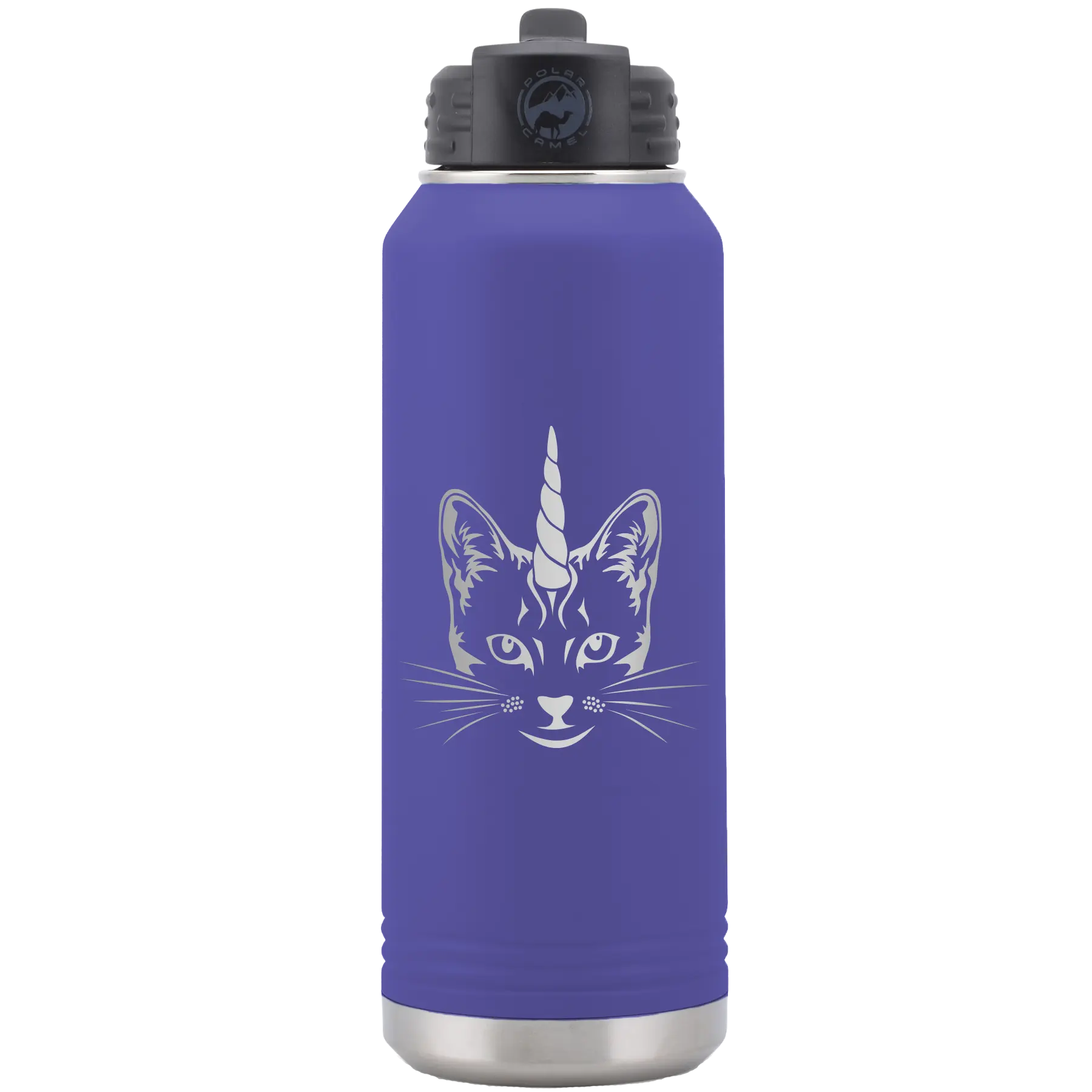 Laser etched purple 32 oz vacuum insulated water bottle with 'Caticorn' design