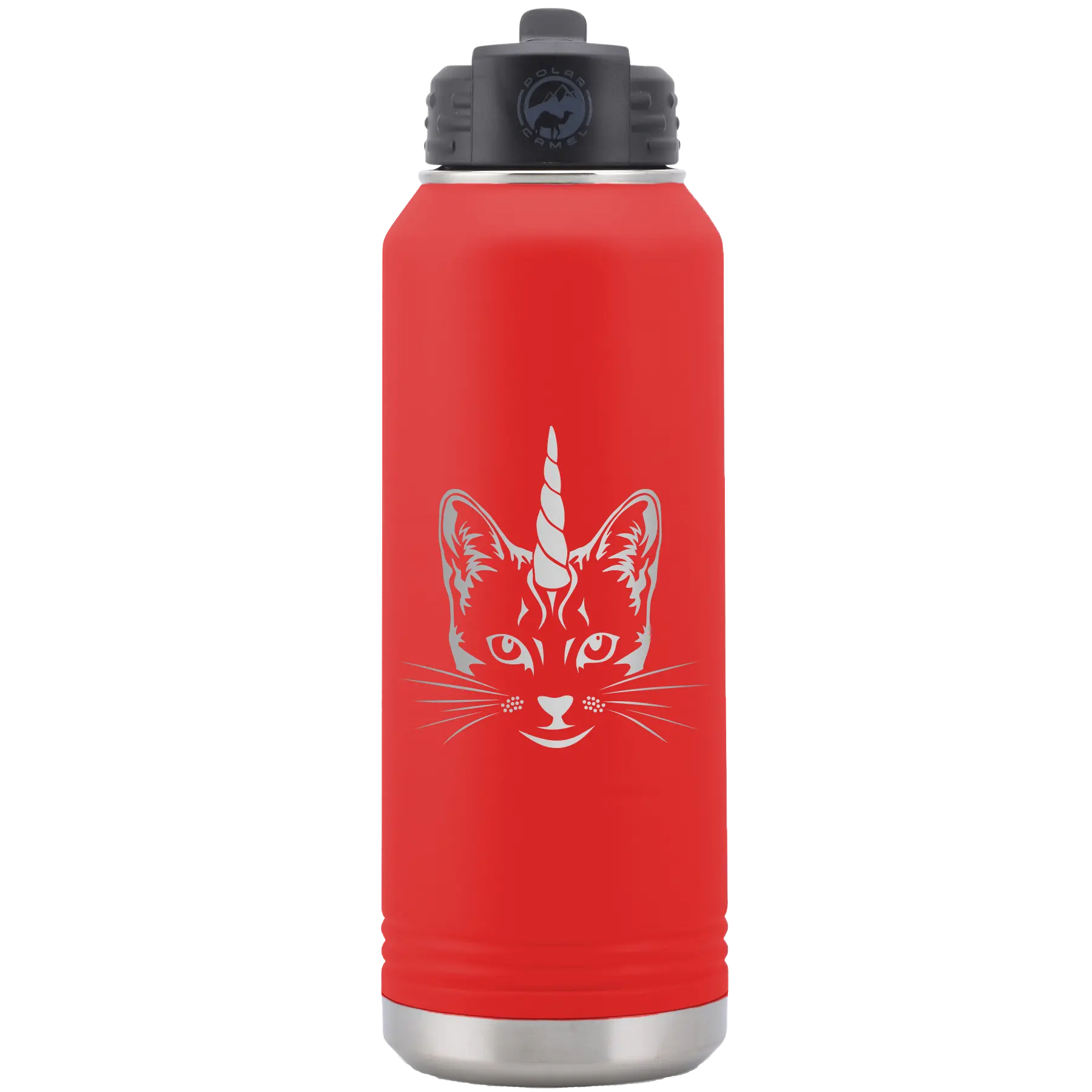 Laser etched red 32 oz vacuum insulated water bottle with 'Caticorn' design