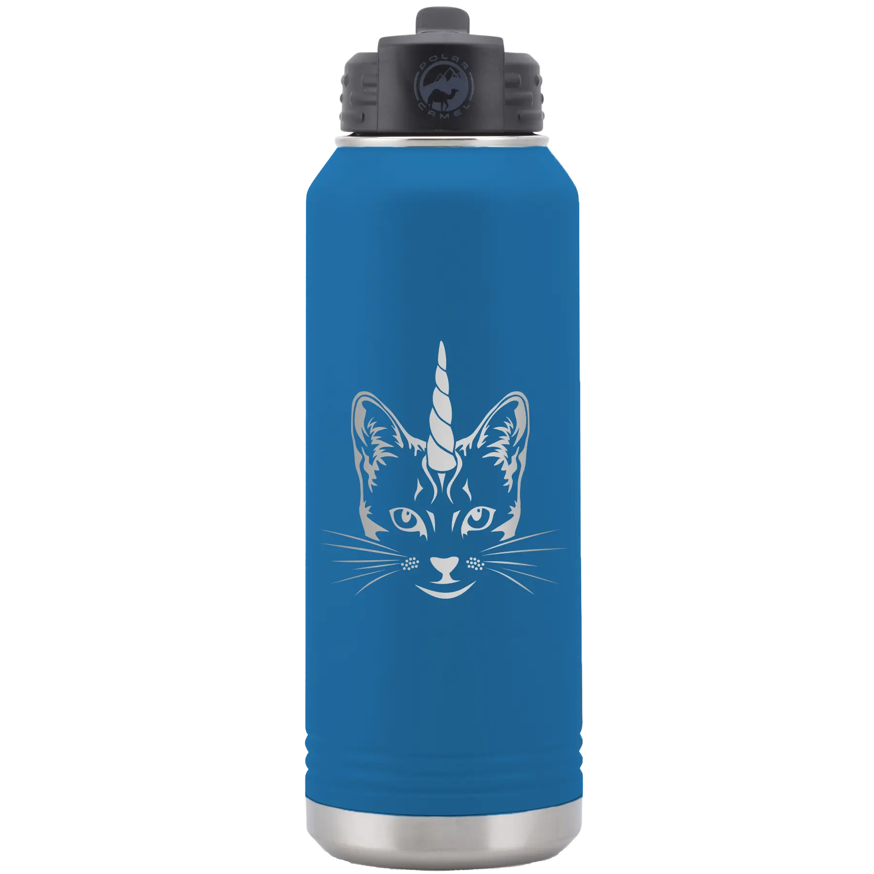 Laser etched royal blue 32 oz vacuum insulated water bottle with 'Caticorn' design