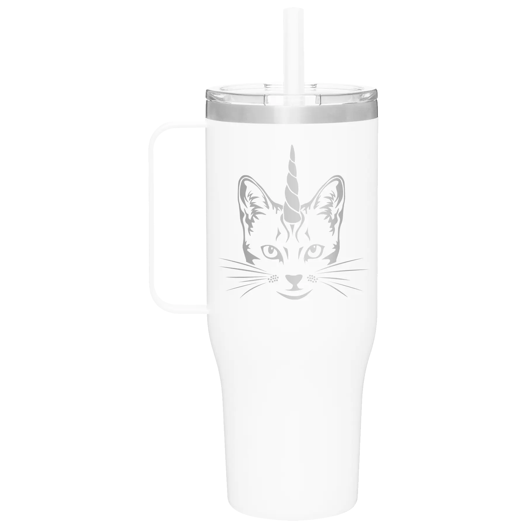 Laser etched white 40 oz vacuum insulated tumbler mug with 'Caticorn' design