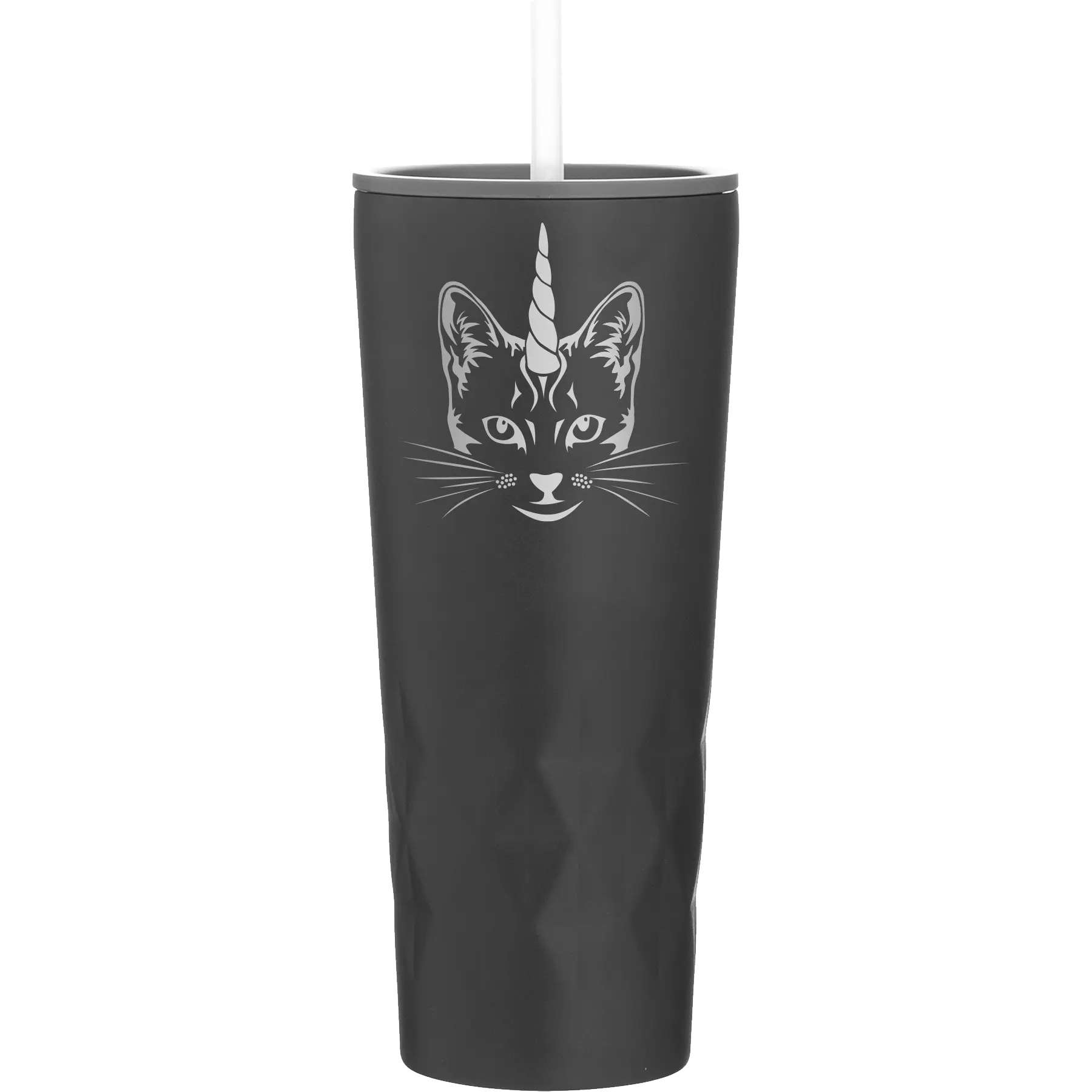 Laser etched black 20 oz vacuum insulated tumbler with 'Caticorn' design