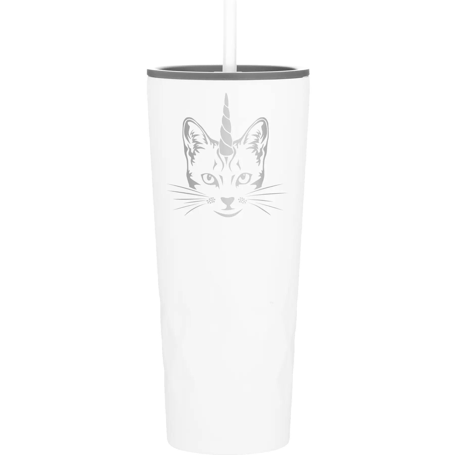Laser etched white 20 oz vacuum insulated tumbler with 'Caticorn' design