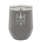 Laser etched dark gray 12 oz vacuum insulated wine cup with 'Caticorn' design