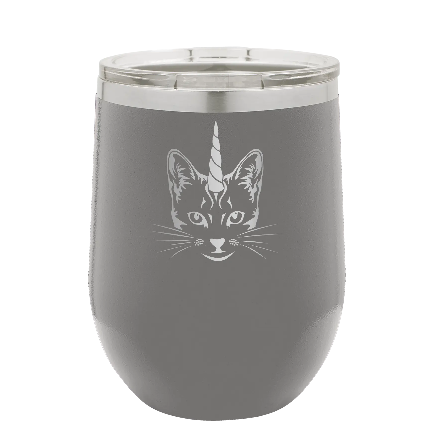 Laser etched dark gray 12 oz vacuum insulated wine cup with 'Caticorn' design