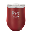 Laser etched maroon 12 oz vacuum insulated wine cup with 'Caticorn' design