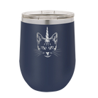 Laser etched navy 12 oz vacuum insulated wine cup with 'Caticorn' design