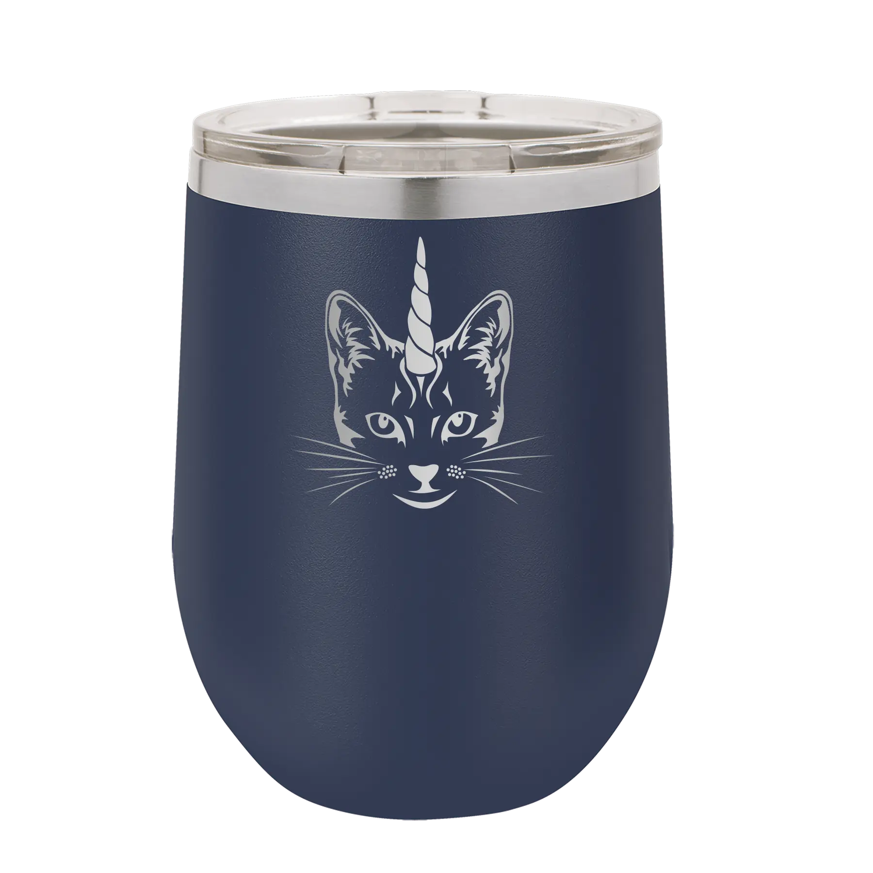 Laser etched navy 12 oz vacuum insulated wine cup with 'Caticorn' design