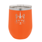 Laser etched orange 12 oz vacuum insulated wine cup with 'Caticorn' design