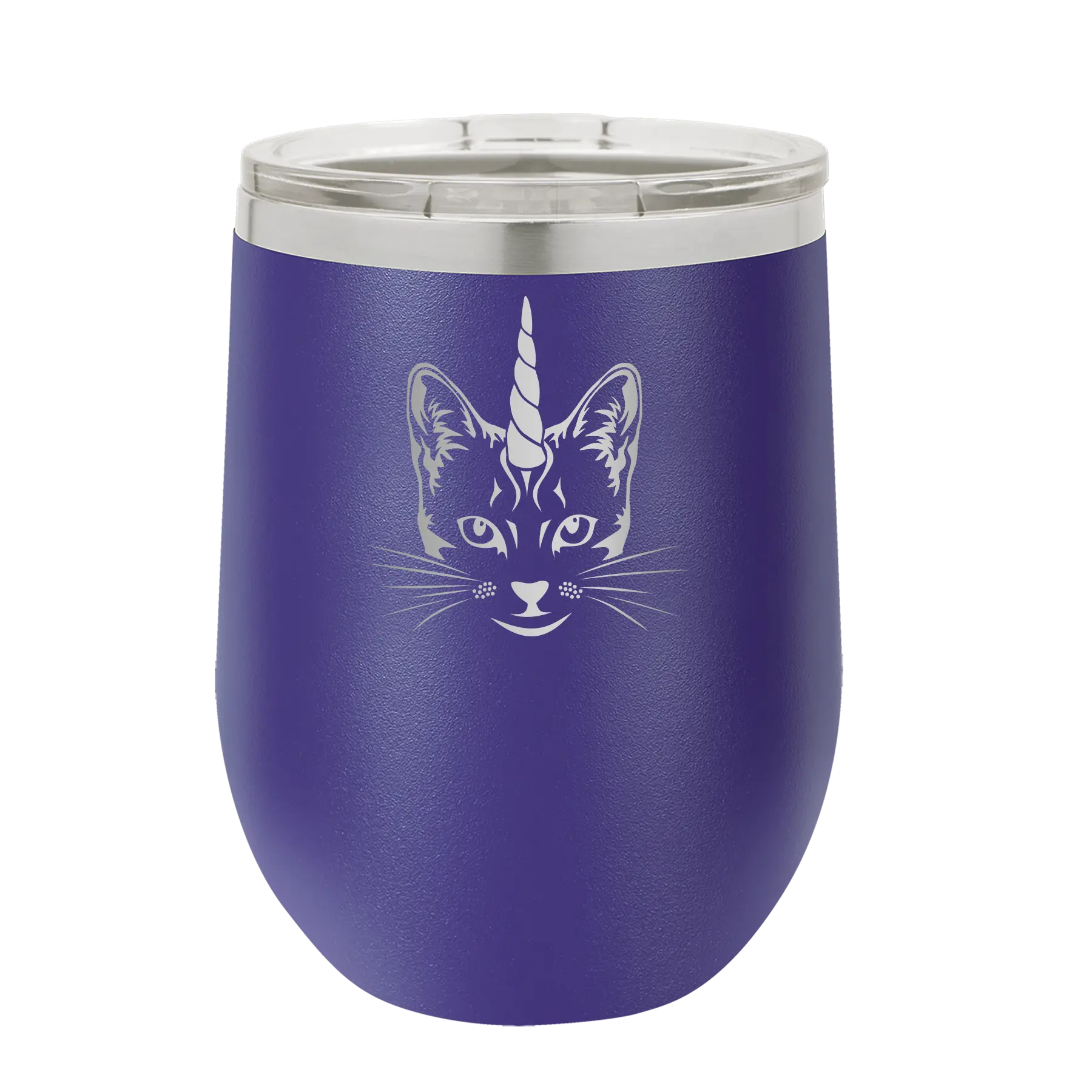 Laser etched purple 12 oz vacuum insulated wine cup with 'Caticorn' design