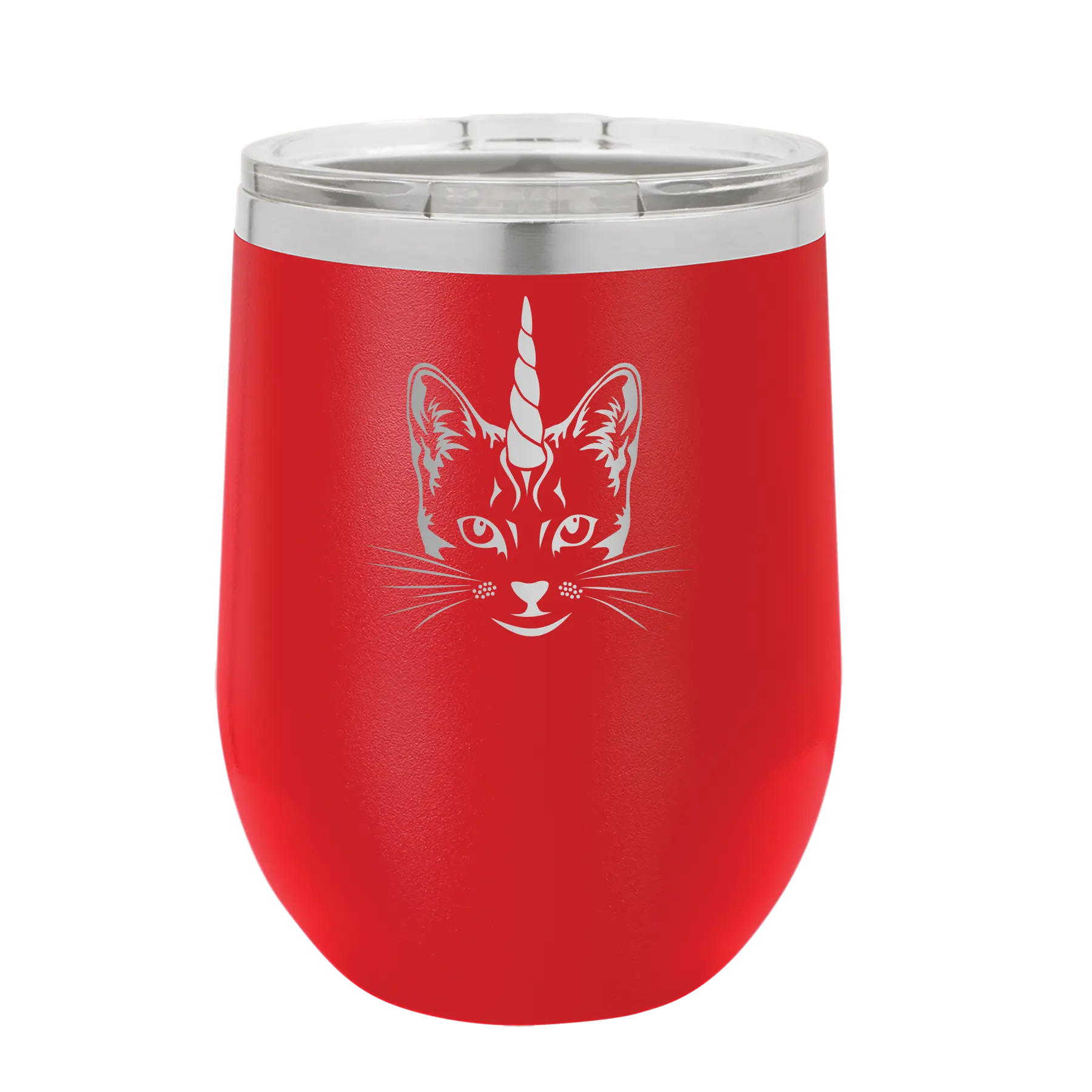 Laser etched red 12 oz vacuum insulated wine cup with 'Caticorn' design