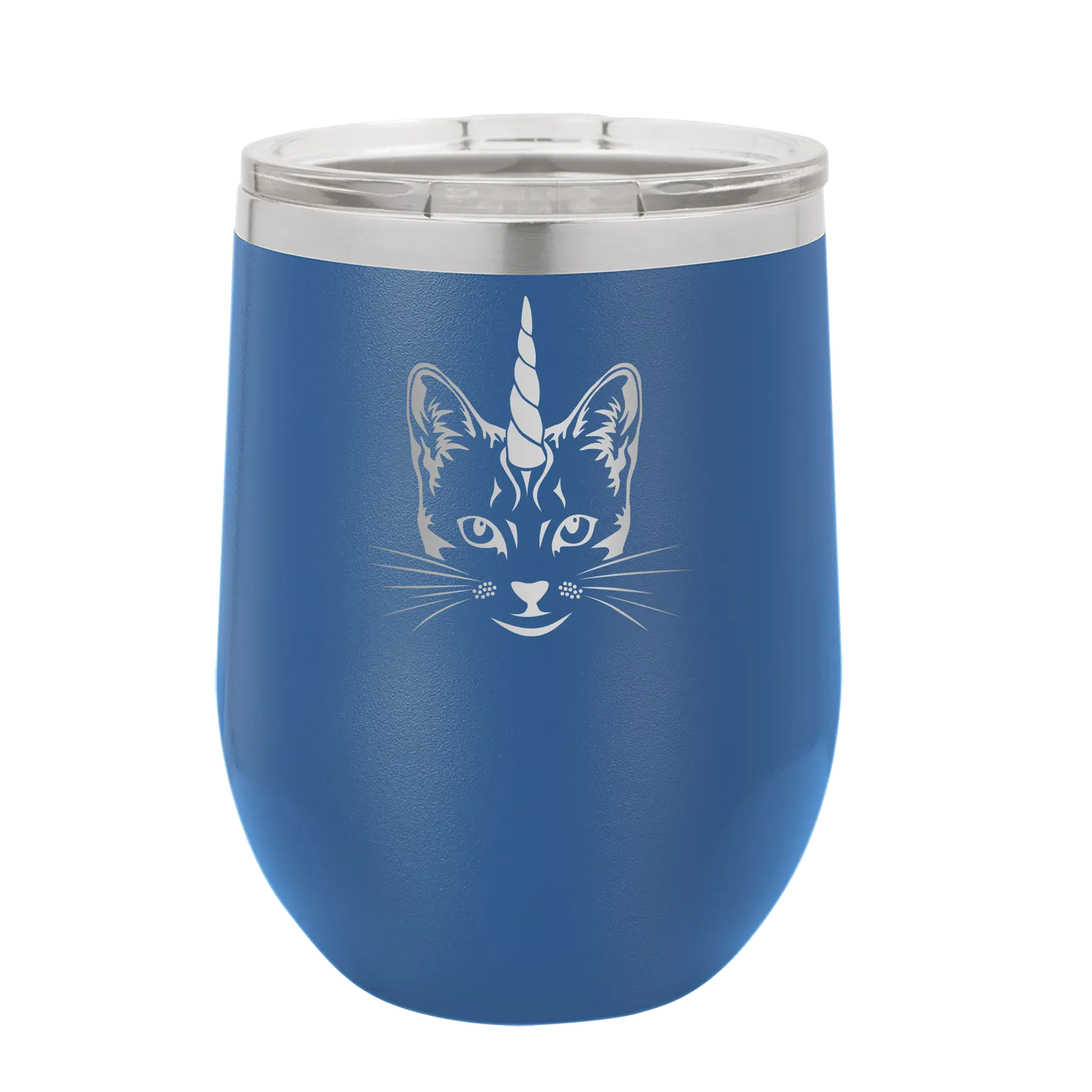 Laser etched royal blue 12 oz vacuum insulated wine cup with 'Caticorn' design